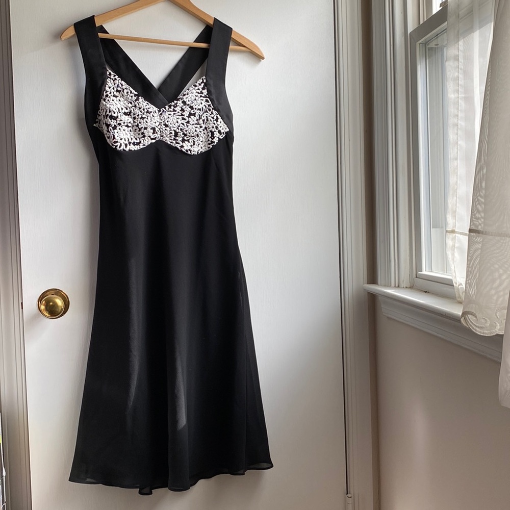R & M Richards Dress with White Sparkle Brocaded Bodice Cross Back Satin Straps
